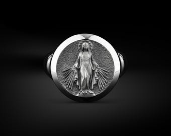 Handamde Milagrosa Mary Signet Pinky Ring in Sterling Silver, Miraculous Virgin Mary Round Polished Silver Ring, Holy Mother Gift Jewelry