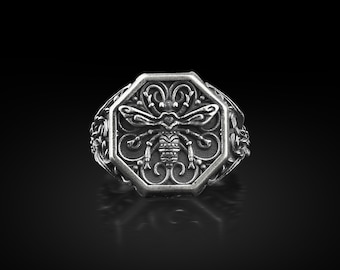 Honey Bee Dainty Unique Signet Ring in Sterling Silver, Engraved Bee Minimalist Animal Men Ring for Best Friend, Hexagon Nature Jewelry