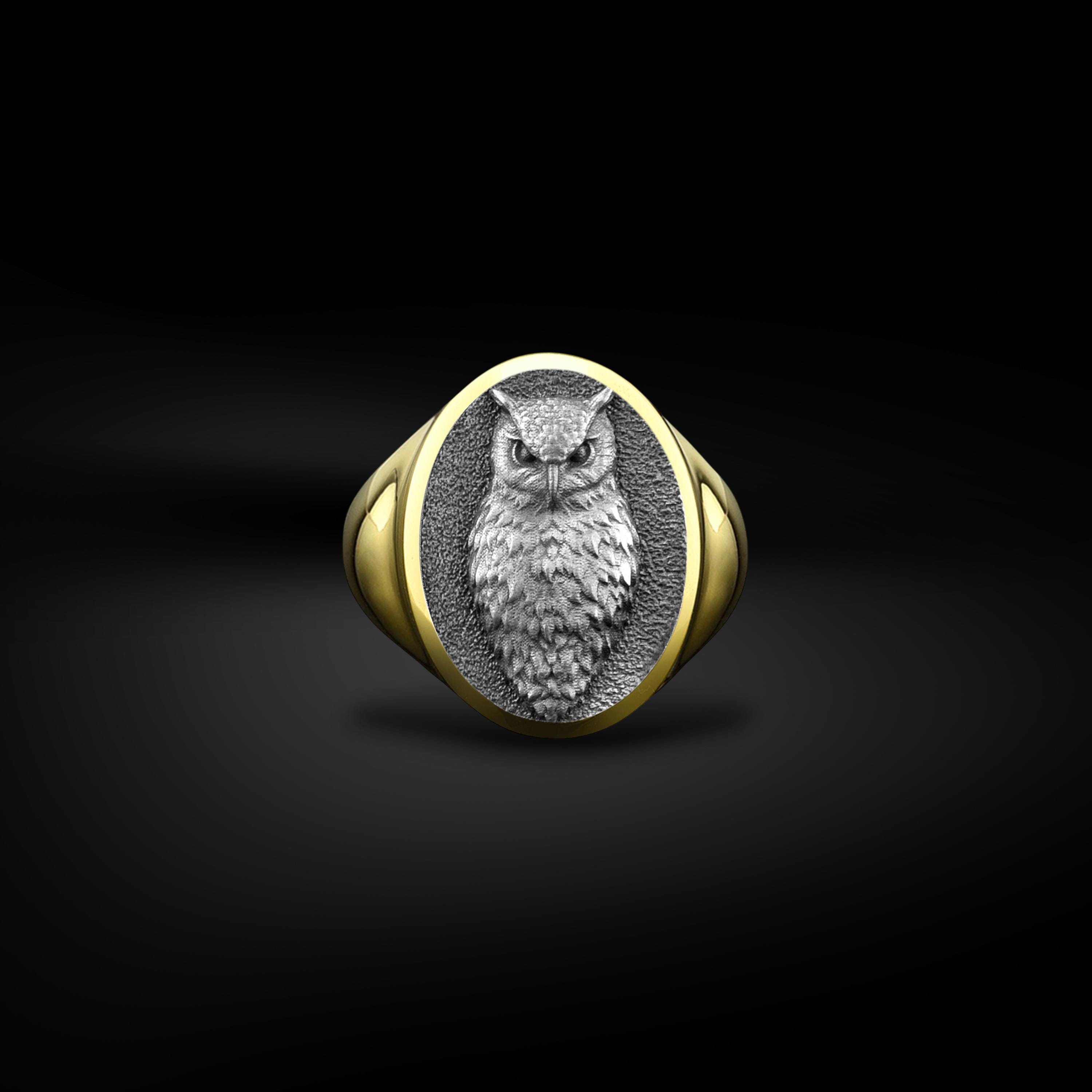 Handmade Owl Bird Engraved Signet Men Ring in Sterling Silver, Oval Owl with Wings Pinky Rings Jewel