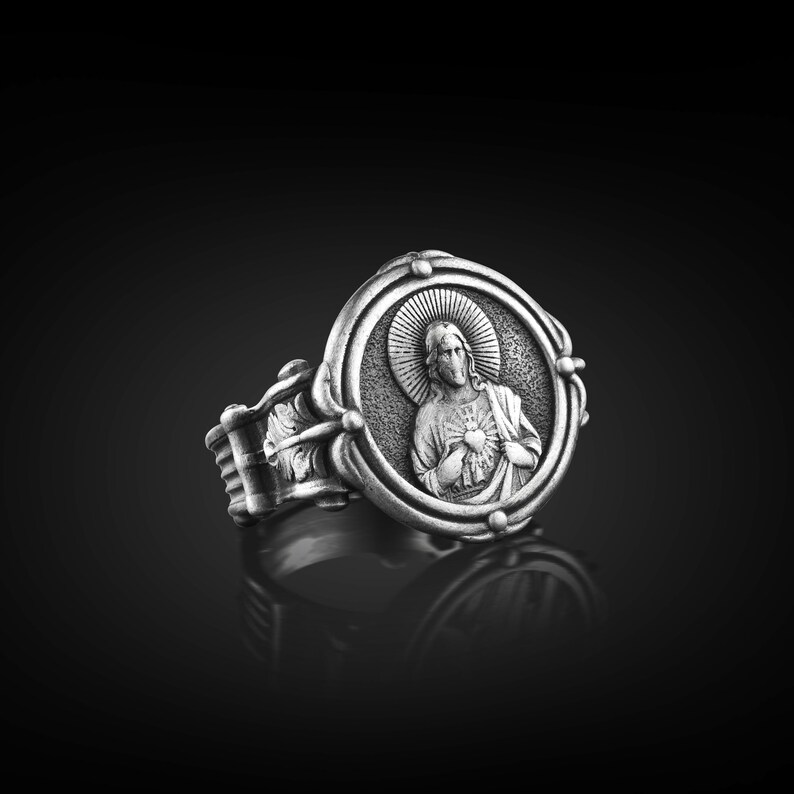 Jesus With Sacred Heart Signet Ring for Men in 925K Silver, Unique ...