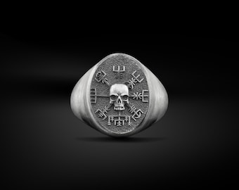 Oval Shape Vegvisir The Viking Compass with Skull Signet Men Ring, Pinky Norse Mythology Oxidized Silver Jewelry, New Year Gifts for Biker