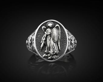 Saint Michael The Archangel Silver Men Ring, Saint Michael Dainty Unique Signet Ring in Sterling Silver, Christian Gift Jewelry for Family