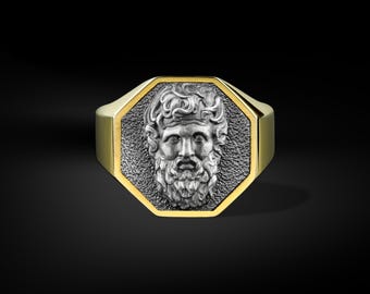 Vergulde zilveren handgemaakte Zeus heren zegelring heren, Griekse mythologie sterlingzilveren ring voor hem, minimalistische oude godin sieraden