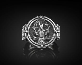 Anubis Engraved Men Signet Ring in Silver, Ancient Egyptian Goddess Gothic Ring for Boyfriend, Mythology Jewelry, Birthday Gift for Husband