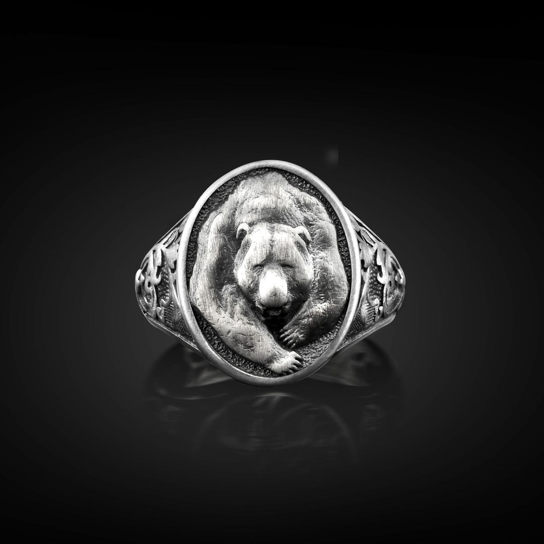 Sterling Silver Viking Bear Signet Men Ring, Engraved Nature Ring for ...