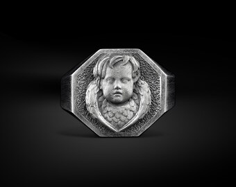 Engraved Baby Angel Dainty Signet Silver Men Ring, My Guardian Angel Mothers Ring in Oxidized Silver, Mystical Gift Jewelry Gift for Her