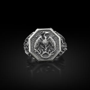 Phoenix Fire Bird Fantasy Signet Silver Men Ring, Engraved Mythology Mens Ring in Silver, Minimalist Guardian Jewelry, Boyfriend Ring