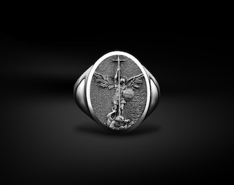 Handamde Saint Michael Signet Polished Silver Men Ring, St Archangel Michael Christian Pinky Ring, Religious Gift for Anniversary Days