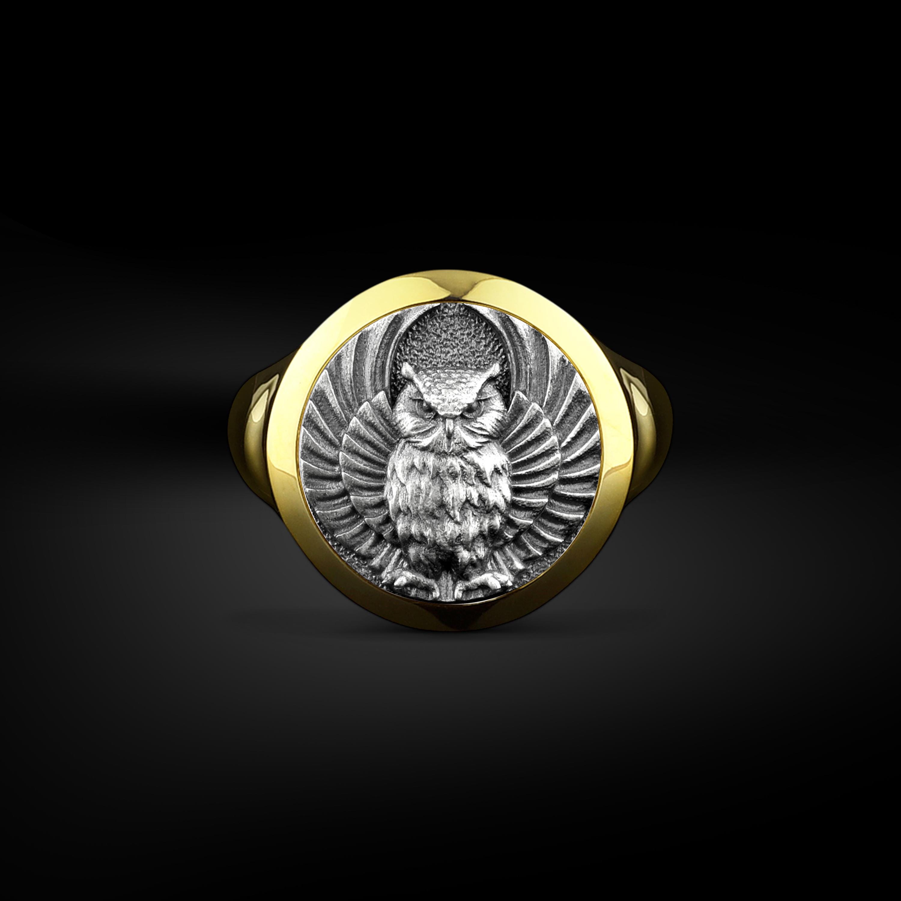 Owl The Sign of Wisdom Signet Ring for Men in Sterling Silver, Tiny Bird Ring for Nature Gold Plated