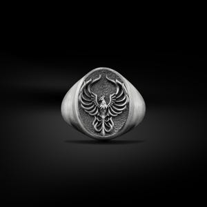 Reborn Phoenix Bird Signet Men Ring in Sterling Silver, Greek Mythology Fire Bird Phoenix Gift Jewelry, Oxidized Silver Animal Lover Gifts