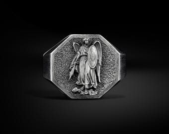 Silver Archangel St Michael Signet Men Ring, Minimalist Saint Michael Christian Rings for Family, Engraved Guardian Oxidized Silver Jewelry