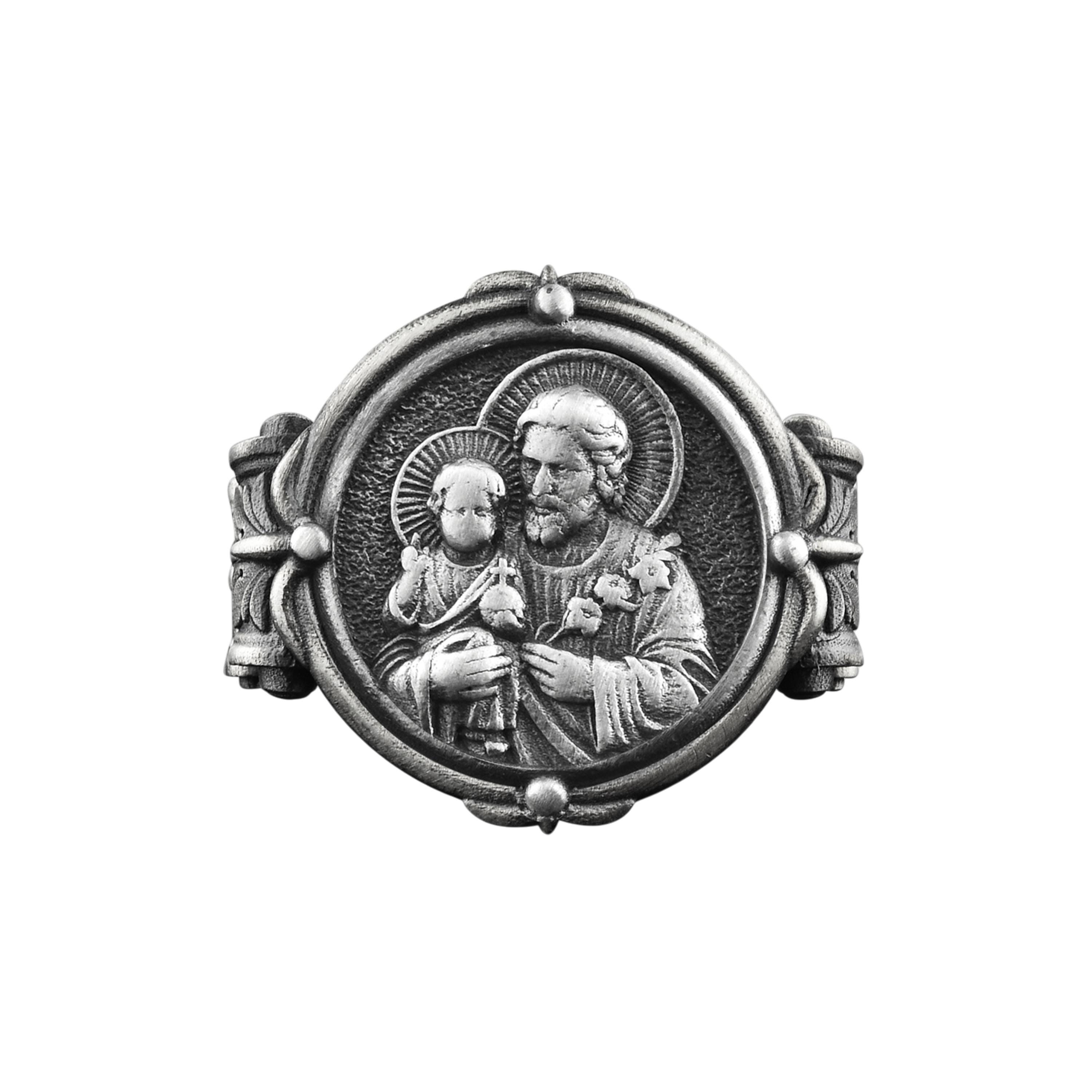 Saint Joseph and Jesus Signet Silver Men Ring, Sterling Silver St