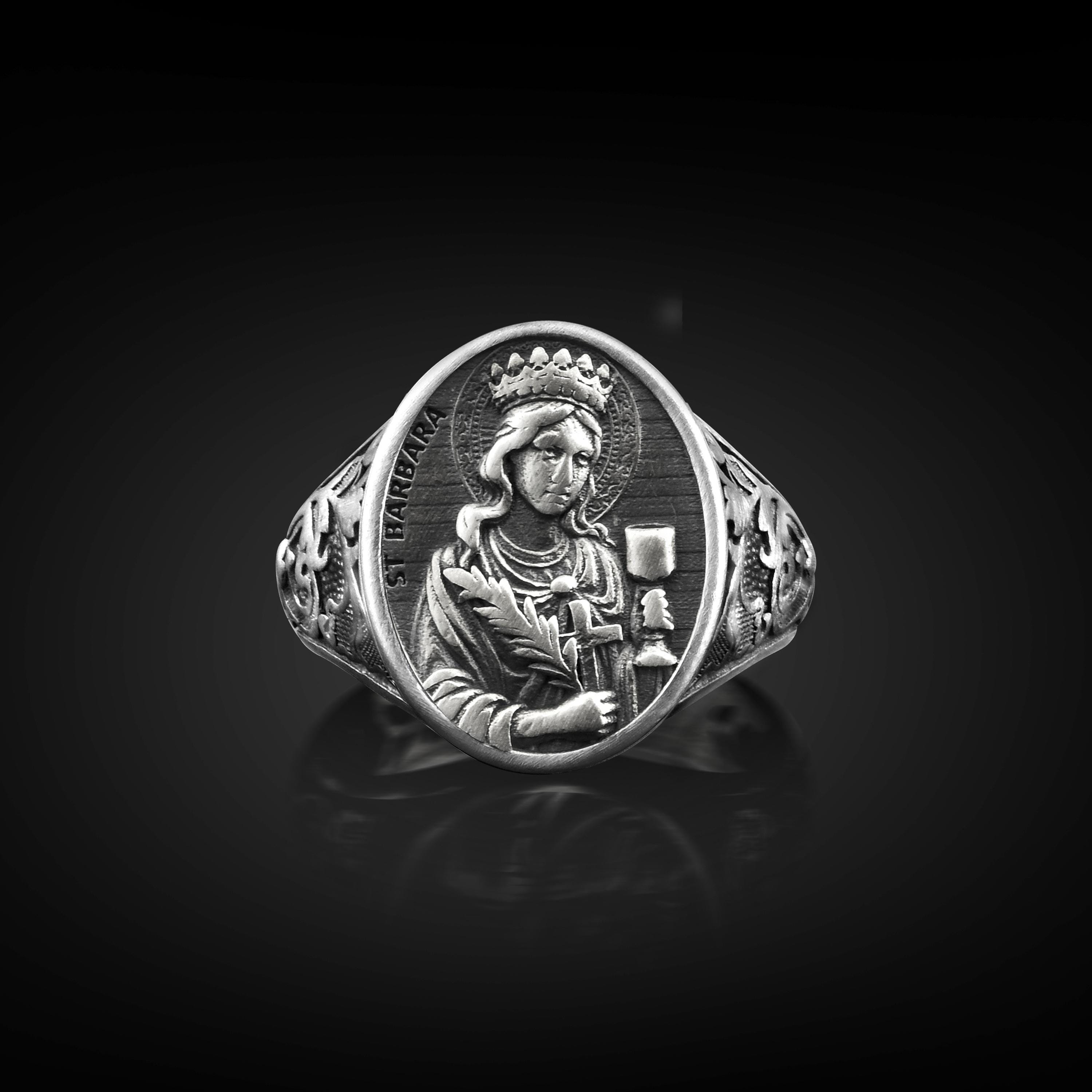 Saint Barbara Dainty Signet Ring in 925K Silver, St Barbara Engraved Faith Men Ring for Mom, Great Martyr Religious Christian Gift Jewelry