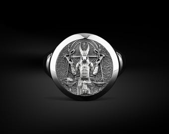Sterling Silver Scales of Anubis Pinky Ring for Men, Ancient Egyptian God Mythology Jewelry Gifts, Polished Silver Anubis Gift Rings for Dad