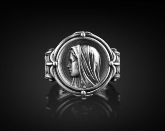 Handmade Virgin Mary Men Christian Silver Ring, Mother Mary Sterling Silver Signet Ring for Men, Unique Religious Faith Jewelry to Boyfriend