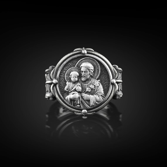 Saint Joseph and Jesus Signet Silver Men Ring, Sterling Silver St