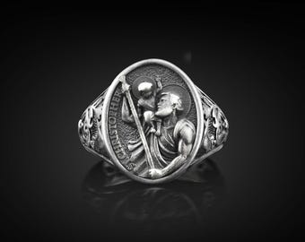 Saint Christopher with Jesus Signet Silver Ring for Men, Saint Christopher Christian Ring Jewelry for Dad, Prayer Religious Gift Jewelry
