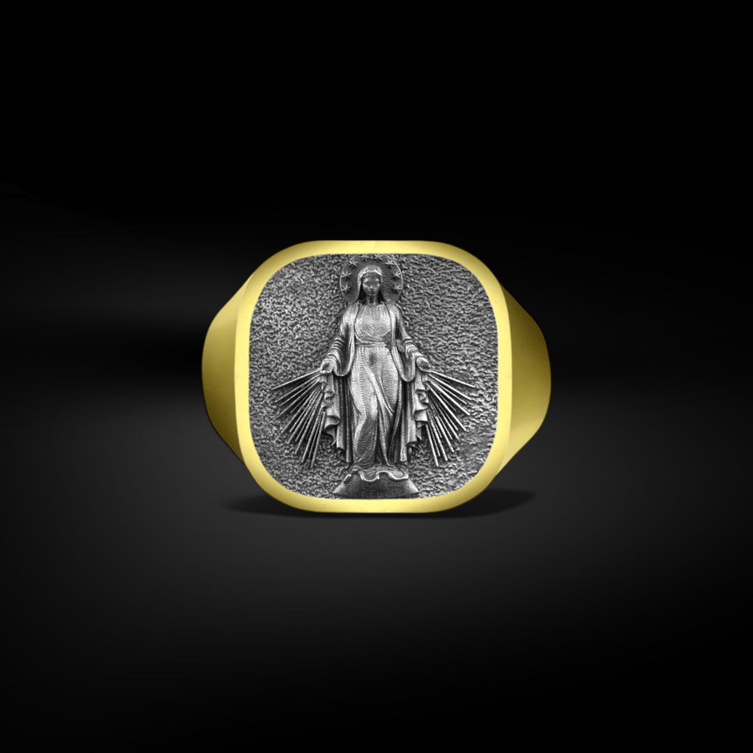 Virgin Mary Gold Plated 925K Silver Men Ring, Holy Mother Miraculous ...