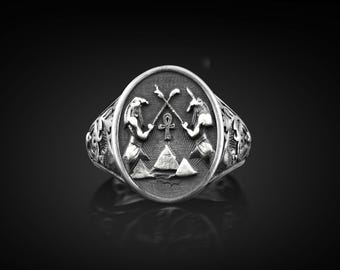 Anubis Horus and Ankh Oval Signet Ring in Silver for Men, Ancient Egyptian Goddess Silver Ring Jewelry for Boyfriend, Mythology Lover Gift