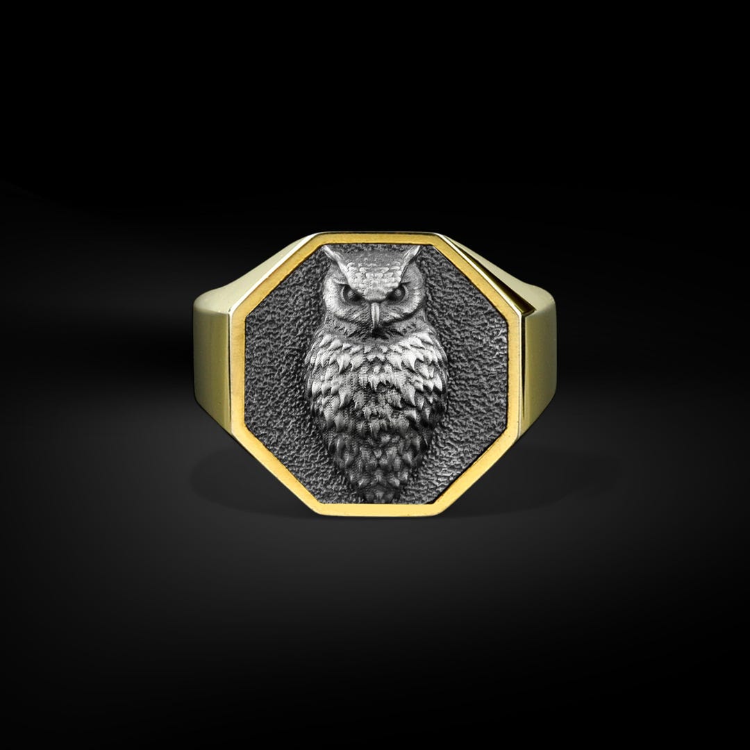 Athena Owl Silver Animal Signet Ring for Men in Gold Plated Silver ...