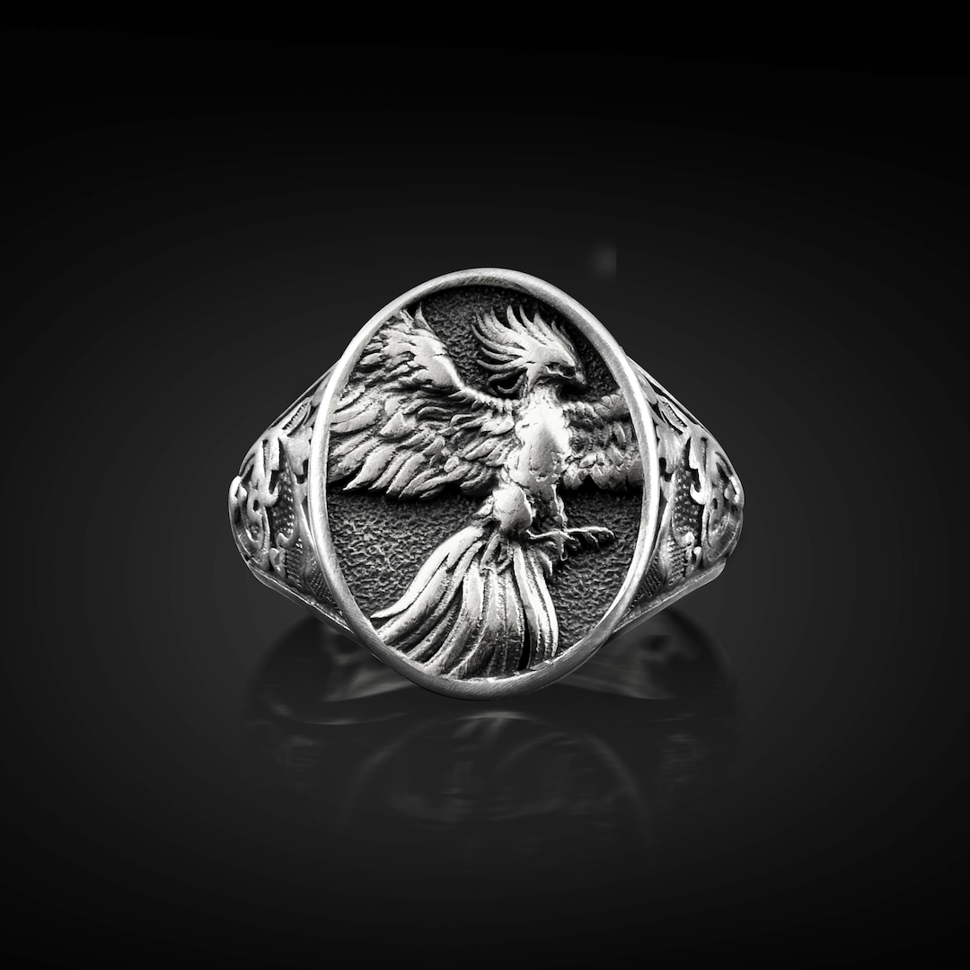 Fire Bird Phoenix Engraved Silver Men Ring, Guardian Bird Mythology ...