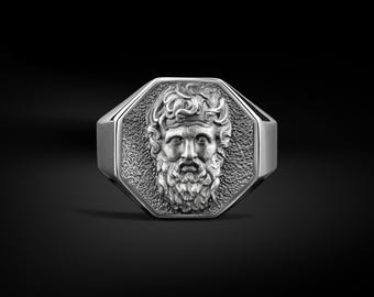 Polished Silver Handmade Zeus Mens Signet Men Ring, Greek Mythology Sterling Silver Ring for Him, Minimalist Ancient Goddess Jewelry