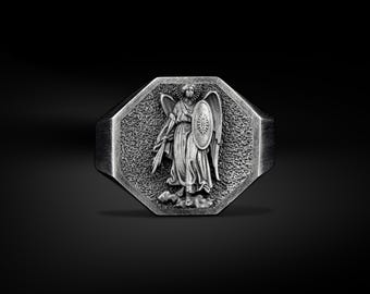 Silver Archangel St Michael Signet Men Ring, Minimalist Saint Michael Christian Rings for Family, Engraved Guardian Polished Silver Jewelry