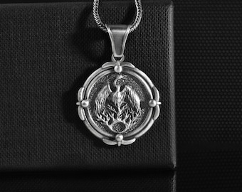 Personalized Phoenix Charm Necklace for Men in Oxidized Silver, Reborn Phoenix in Flames Personalized Medallion Pendant, Gift for Brother