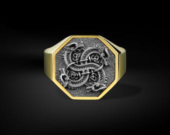 Viking Dragon Unique Men Silver Signet Ring in Sterling Silver, Minimalist Norse Mythology Dragon Jewelry, Engraved Viking Ring to Boyfriend