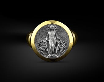 Handamde Milagrosa Mary Signet Pinky Ring in Sterling Silver, Miraculous Virgin Mary Round Gold Plated Silver Ring, Holy Mother Gift Jewelry