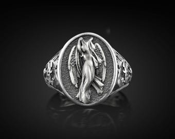 Night Angel Unique Silver Signet Men Ring, Classic Engraved Spiritual Ring for Birthday, Protection Jewelryt, Family Mystical Gift for Mom