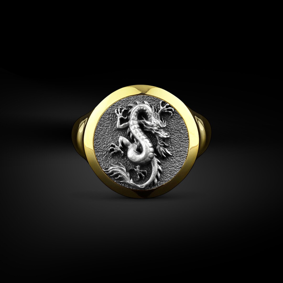 【美品】poda gold ring 17号 水晶 silver925 Chinese Dragon Round Signet Gold Plated Silver Men Ring, Azure