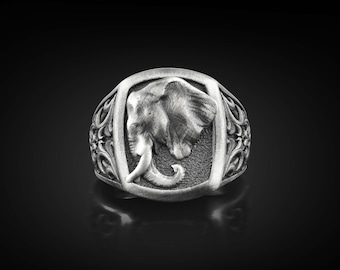 Unique Silver Elephant Good Luck Men Ring, Elephant Engraved 925 Sterling Silver Signet Ring, African Elephant Silver Jewelry, Gifts for Him