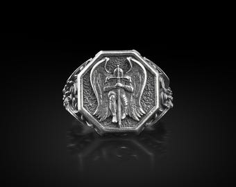 Archangel St Michael Signet Silver Men Ring, Minimalist Saint Michael Christian Ring for Family, Engraved Guardian Ring, Religious Ring