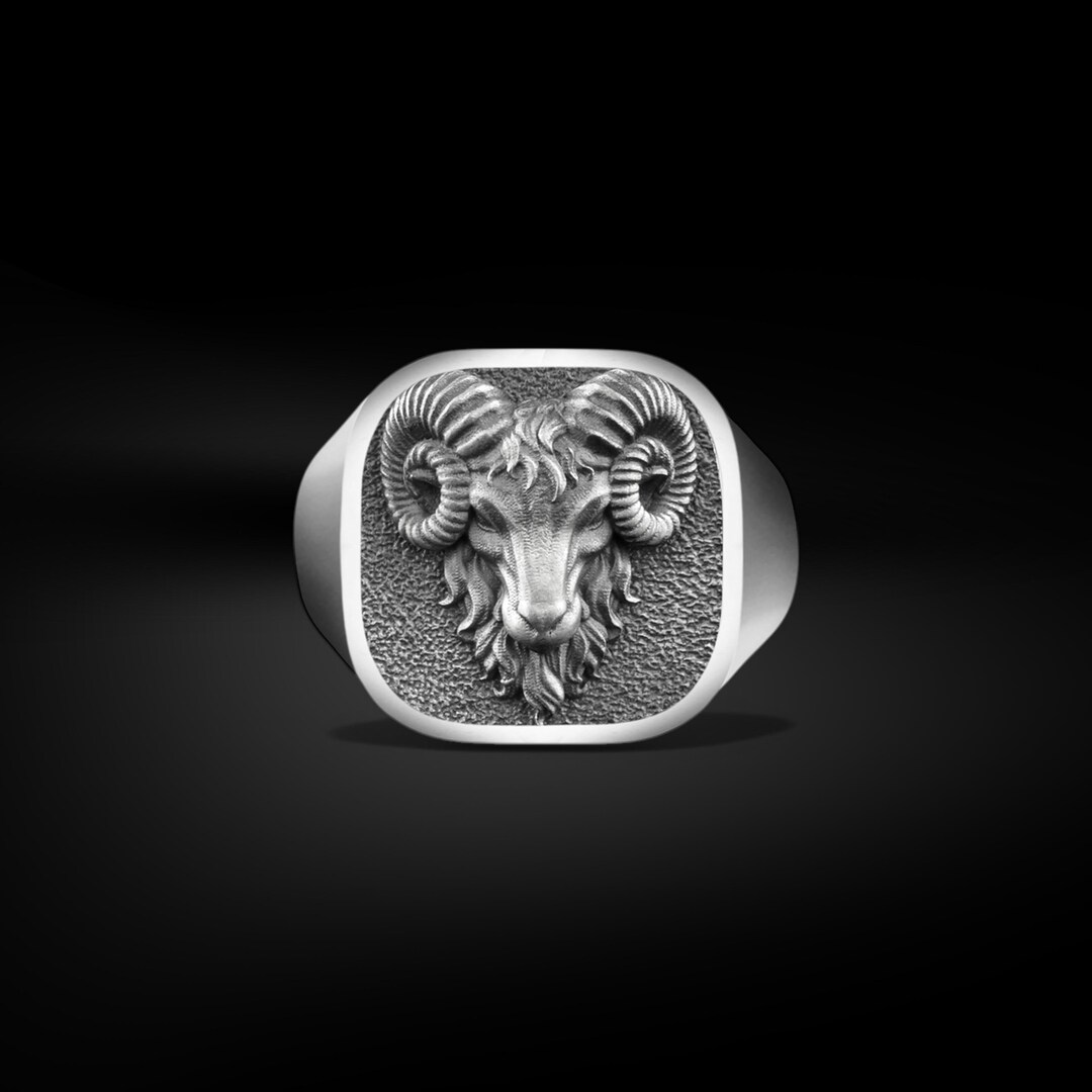 Ram Rng Polished Silver Signet Ram Ring for Men, Engraved Aries Mens Rings for ...