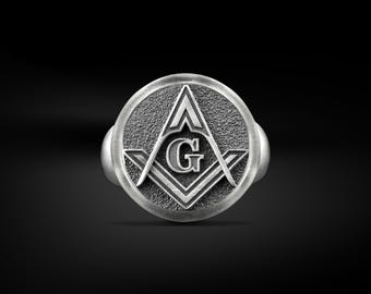 Unique Masonic Symbol Pinky Men Ring in Sterling Silver, Masonic Ring to Husband, Dad Birthday Gift, Oxidized Silver Christmas Gift Jewelry