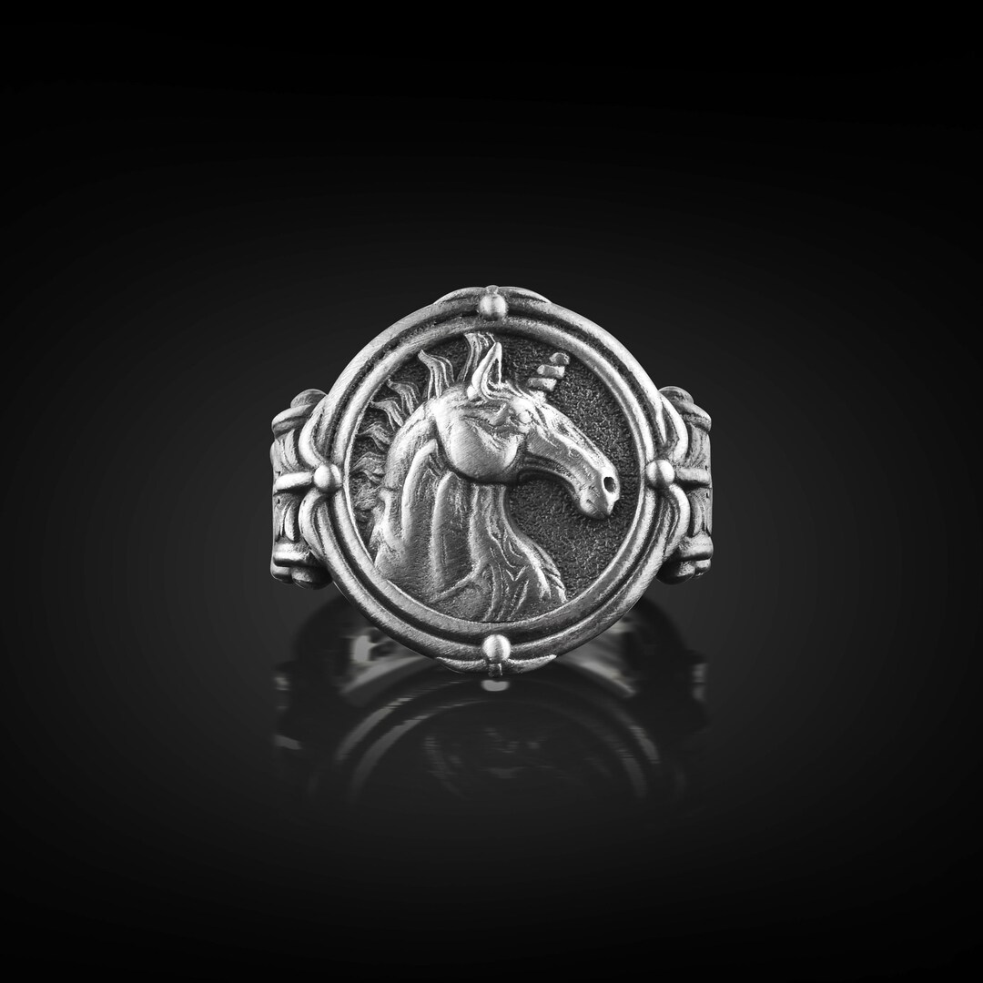 Unicorn Sterling Silver Ring, Engraved Men Mythology Ring for