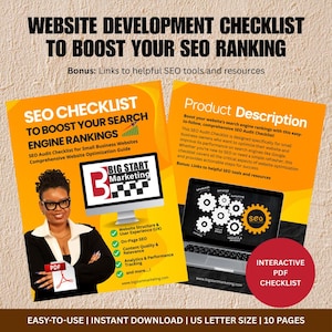 May include: An orange and white SEO checklist with the text "Website Development Checklist to Boost Your SEO Ranking." The checklist includes a photo of a woman and a computer screen. The checklist is an interactive PDF.