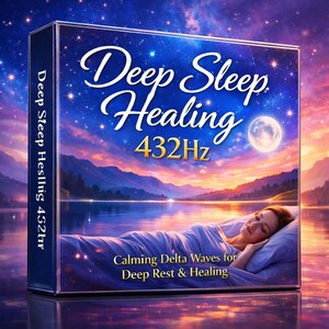 Könnte beinhalten: Produktbox mit den Worten "Deep Sleep Healing" und "432Hz". Das Bild zeigt eine friedlich schlafende Frau, mit einem Nachthimmel und Mond im Hintergrund. Der Text "Calming Delta Waves for Deep Rest & Healing" ist ebenfalls sichtbar.