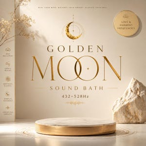 Könnte beinhalten: Werbebild für eine Klangbadsitzung. Die Worte "Golden Moon Sound Bath" sind in goldener Schrift dargestellt. Oben befindet sich eine goldene Halbmondgrafik. Im Vordergrund befindet sich eine runde Plattform mit goldenem Rand. Das Bild hat eine neutrale Farbpalette.