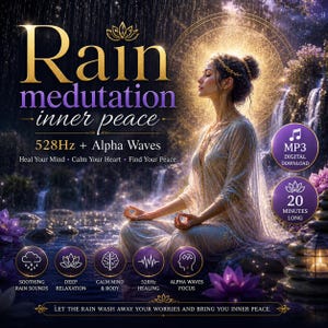 May include: Digital download advertisement featuring a woman meditating near a waterfall. The text includes "Rain meditation - inner peace", "528Hz + Alpha Waves", and icons for soothing rain sounds, relaxation, and healing. The image also includes an MP3 download icon.