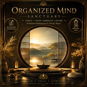 May include: A digital music album cover titled Organized Mind Sanctuary featuring a circular window view of a golden sunset over mountains and water. The dark foreground includes a central bowl, lanterns, and plants with text detailing 528Hz music.