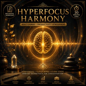 Puede incluir: Un producto de audio digital titulado HYPERFOCUS HARMONY 40HZ GAMMA + PRODUCTIVITY ATMOSPHERE con un gráfico de cerebro dorado brillante, un cristal, piedras apiladas y texto que incluye DEEP FOCUS, CLEAR MIND, FLOW STATE y 30 MINUTES LONG.