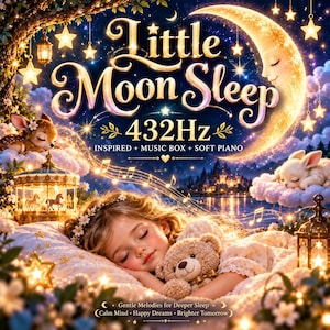 Puede incluir: Una ilustración digital con el texto Little Moon Sleep 432Hz + Inspired + Music Box + Soft Piano. Un niño duerme con un oso de peluche, rodeado por una luna creciente, un carrusel, un ciervo, un conejo y estrellas brillantes en el cielo.