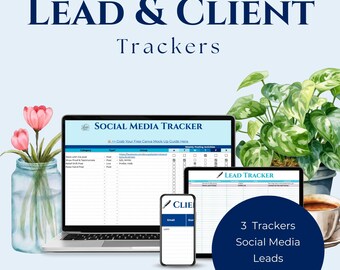 May include: Three digital trackers for social media, leads, and clients. The trackers are displayed on a laptop, tablet, and smartphone. The image has a watercolor background with plants and a cup of coffee.