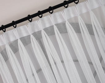 White Linen Sheer Curtains, Triple Pinch Pleated Voile Drapes, Extra Long & Wide Custom Size Curtain Panels for Living Room and Bedroom