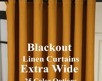 Custom Size Blackout Linen Curtains, Extra Wide Lined Drapes for Bedroom & Living Room, Grommet Rod Pocket Curtains,25 color