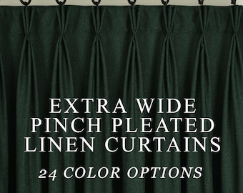 Extra Wide Pinch Pleated Linen Curtains – Custom Size Drapery Panels for Living Room, Bedroom & Large Windows – 24 Color Options