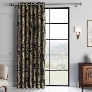 Black Velvet Curtains with Gold Pattern | Grommet Pleated Custom Drapes | Thick Light-Blocking Fabric for Living Room & Bedroom