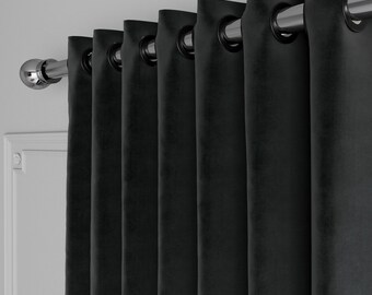 Panel zasłonowy z czarnego aksamitu, zasłony aksamitne na wymiar, luksusowa dekoracja okienna, przelotka, kieszeń na drążek, haczyk i zakładka tylna